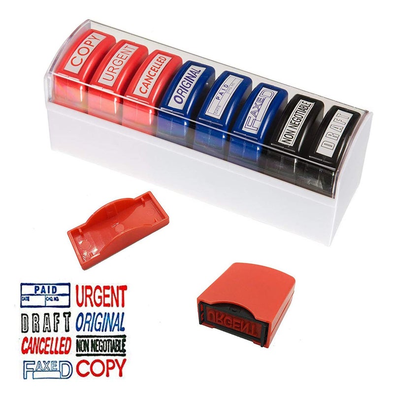 Reliancer Set of 8 Self Inking Pre-Inked Office Stamp 8 Message Account Stamp Office Stationary Stamper Business Paper Work Text Stamps w/Tray RedBlueBlack Ink - Image 1
